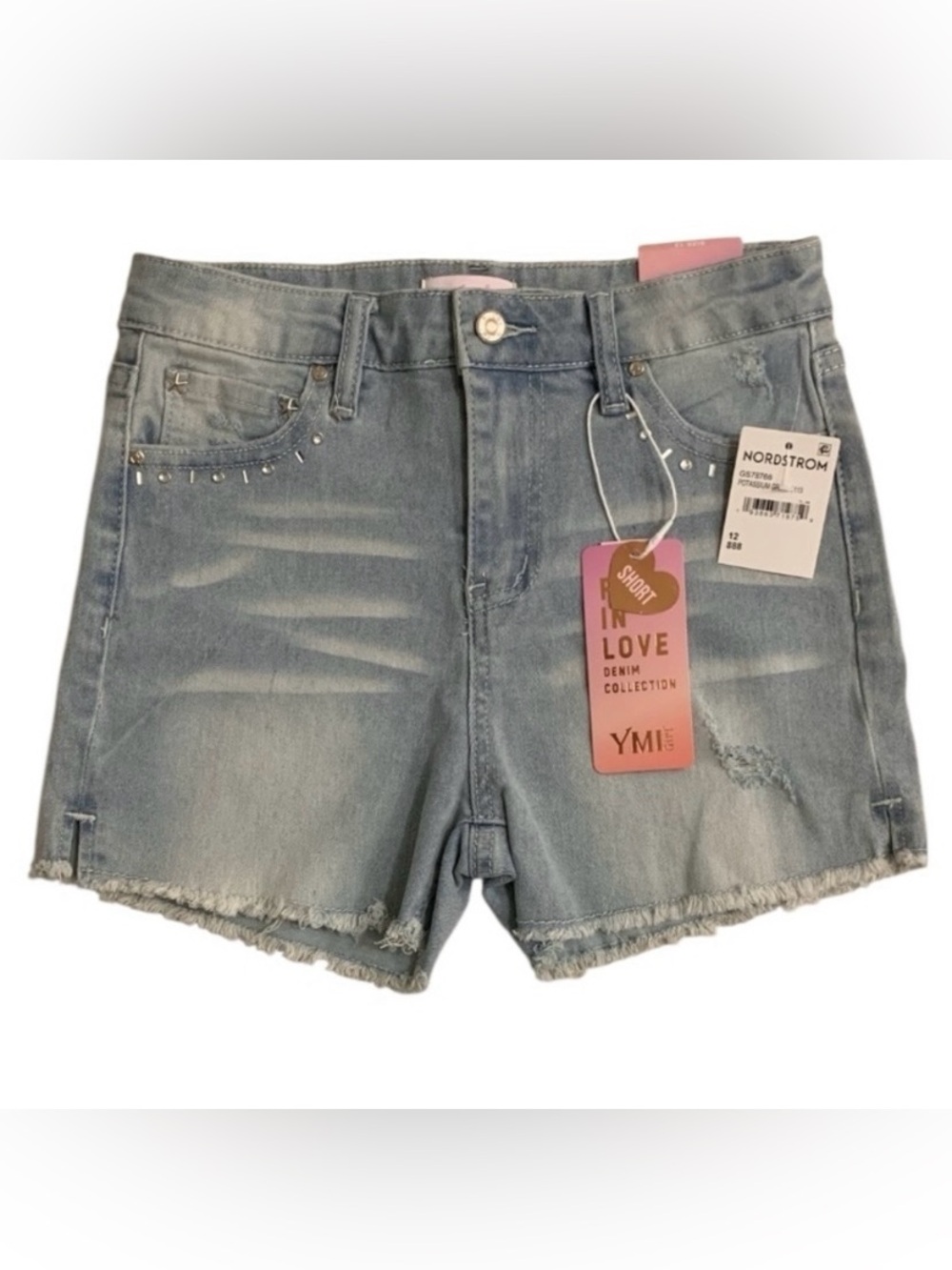 YMI Denim Collection Raw Hem Jean Shorts Girl’s 12 Distressed Rhinestones New